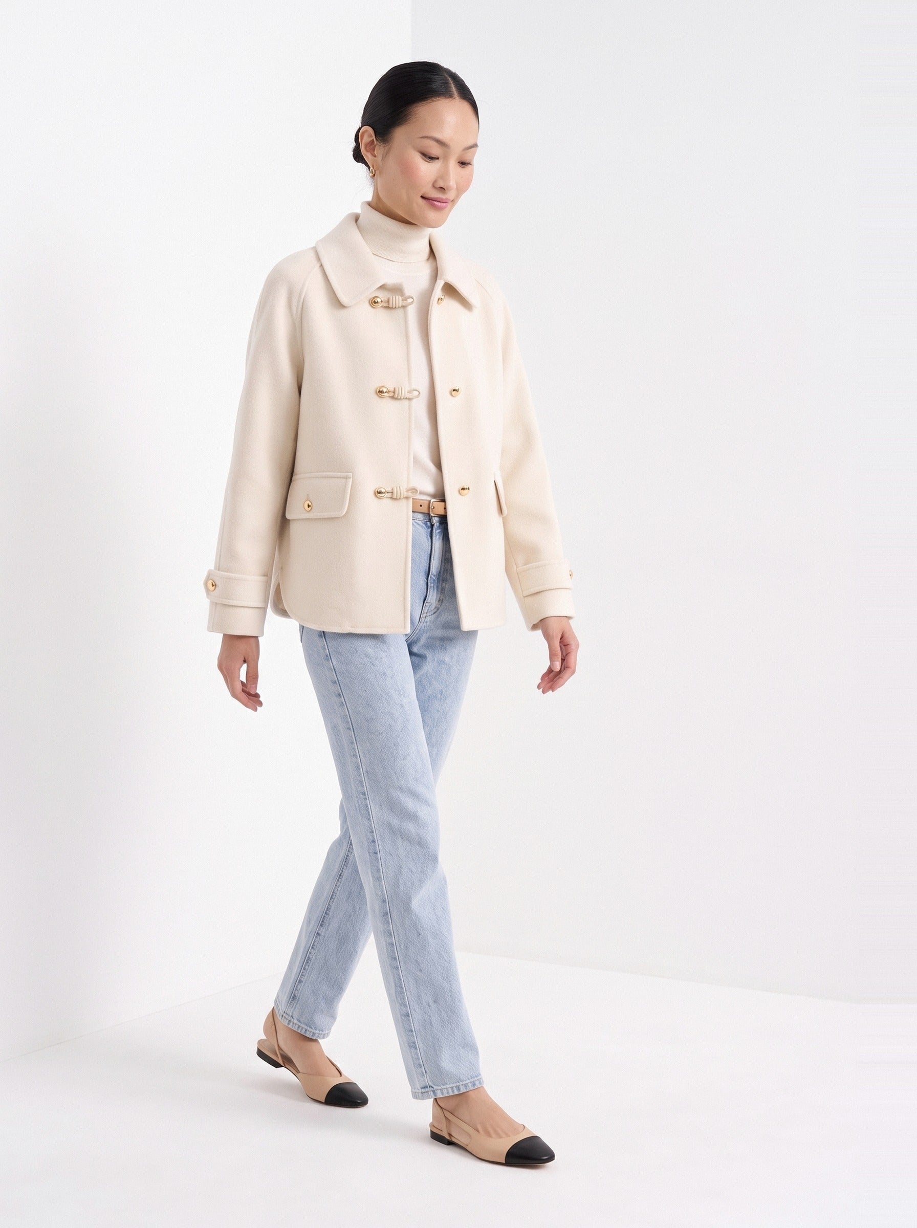 BLENIN short collared jacket in cream, full outfit, walking