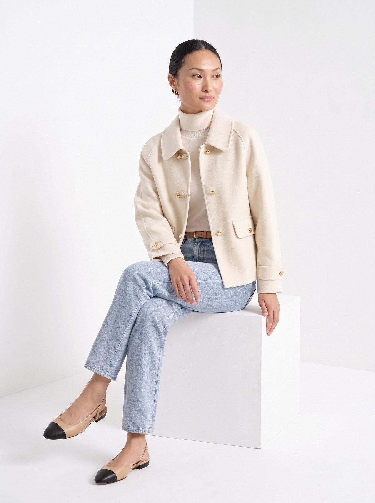 BLENIN short collared jacket in cream, seated, full outfit
