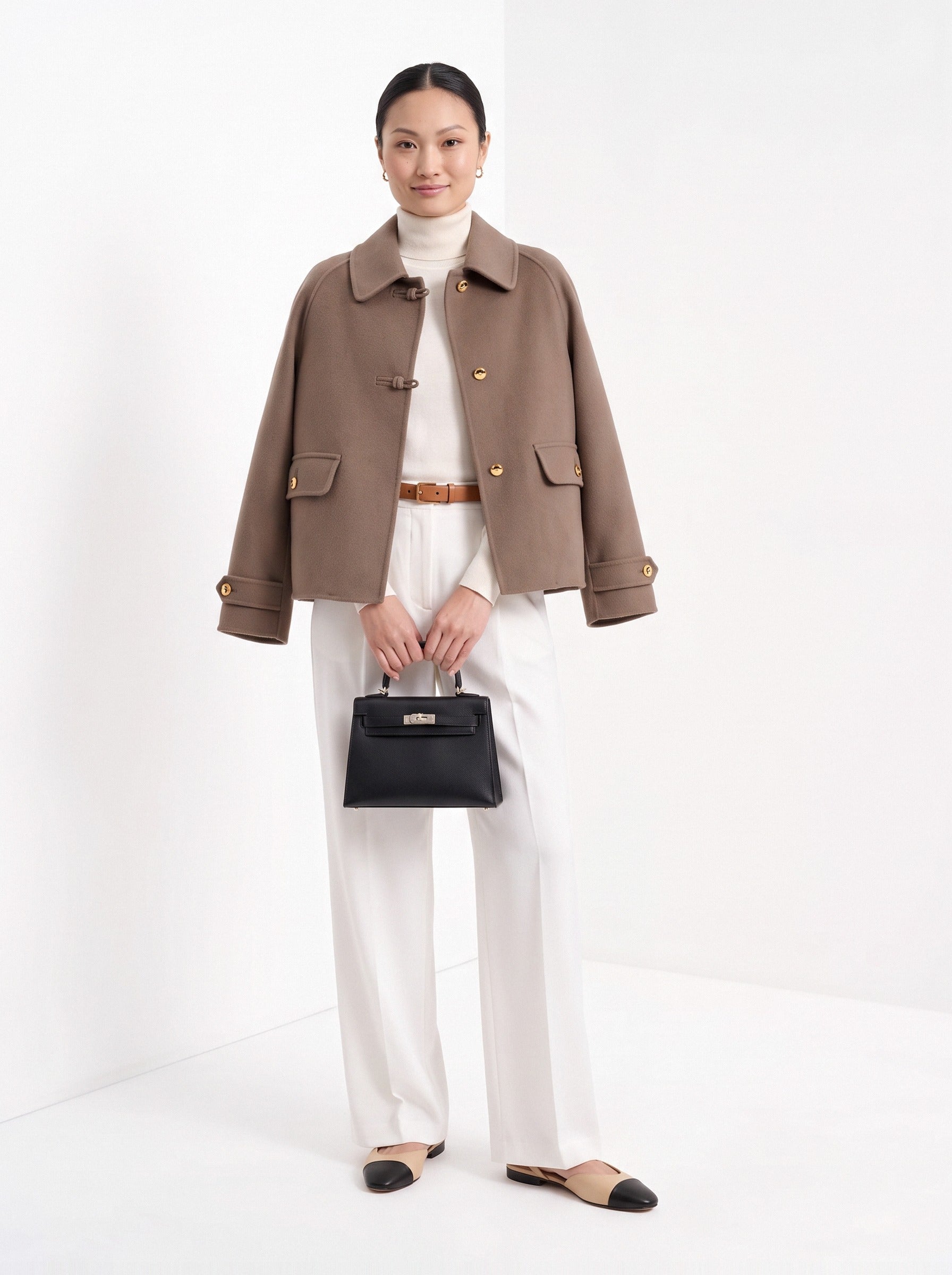 BLENIN short collared jacket in taupe, full-length front view