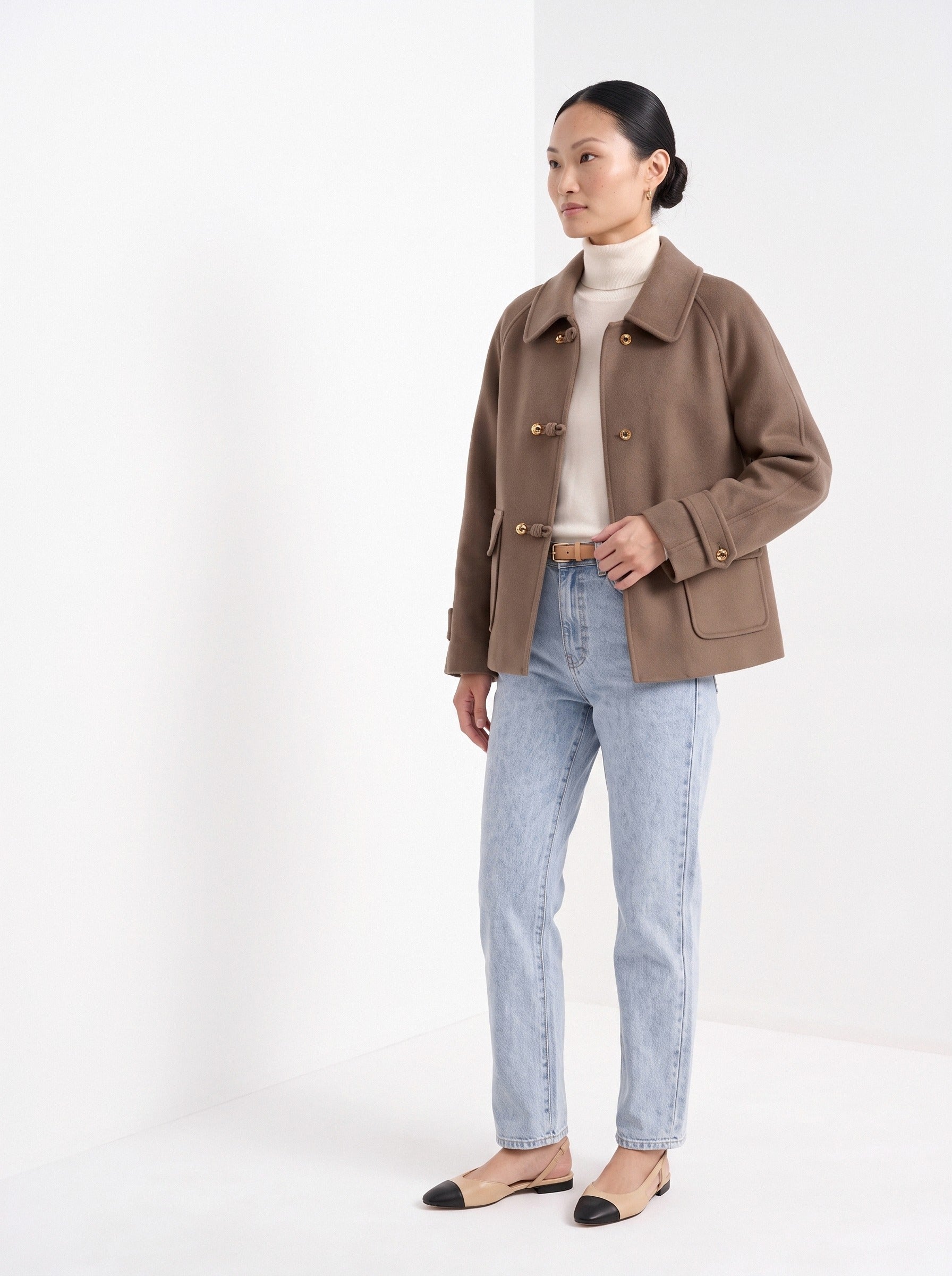 BLENIN short collared jacket in taupe, three-quarter view