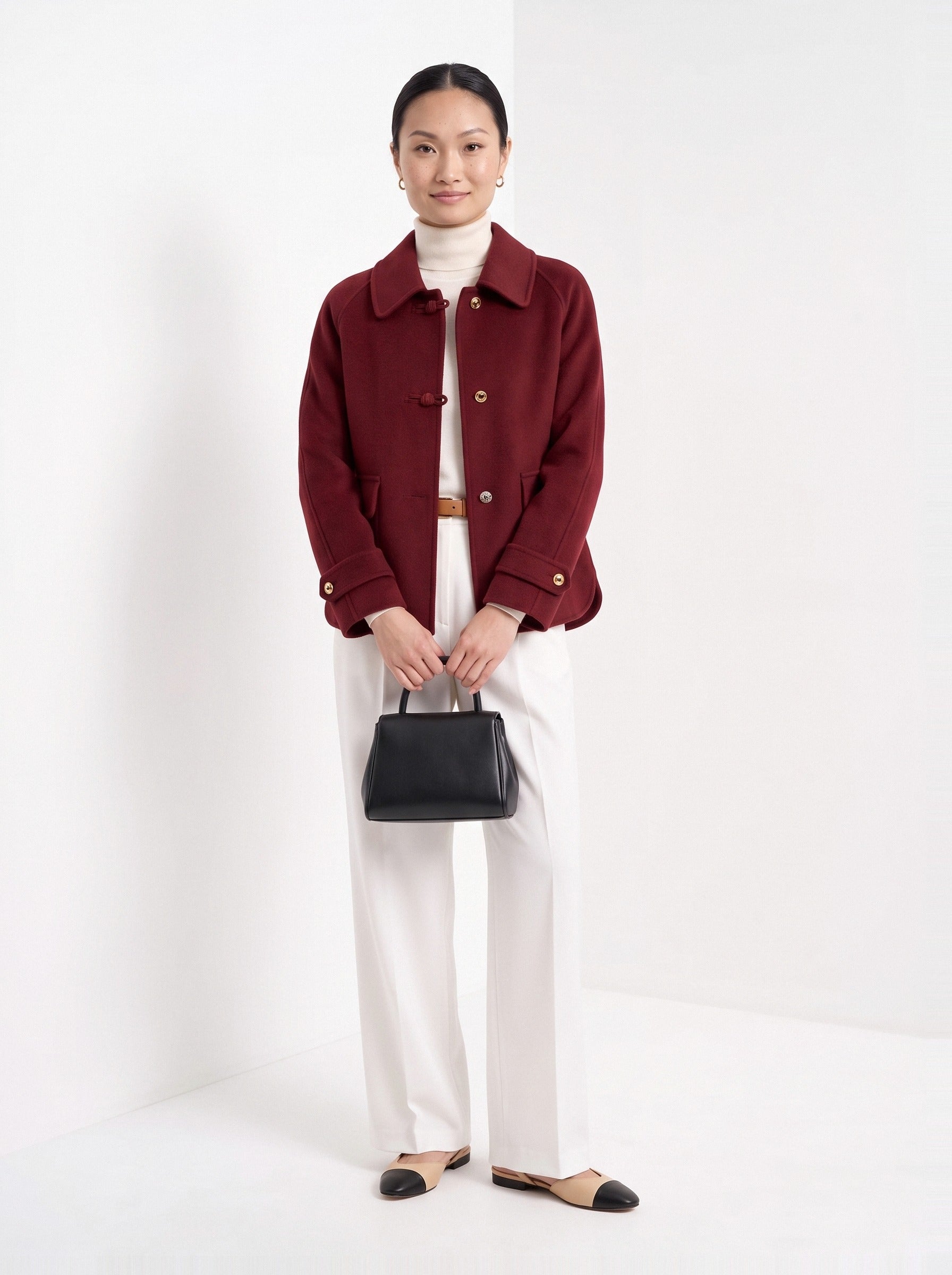 BLENIN short collared jacket in burgundy, full-length front view