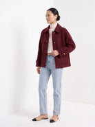 BLENIN short collared jacket in burgundy, three-quarter view