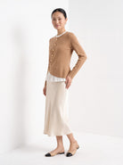 BLENIN gold button knit top in camel, full-length front view