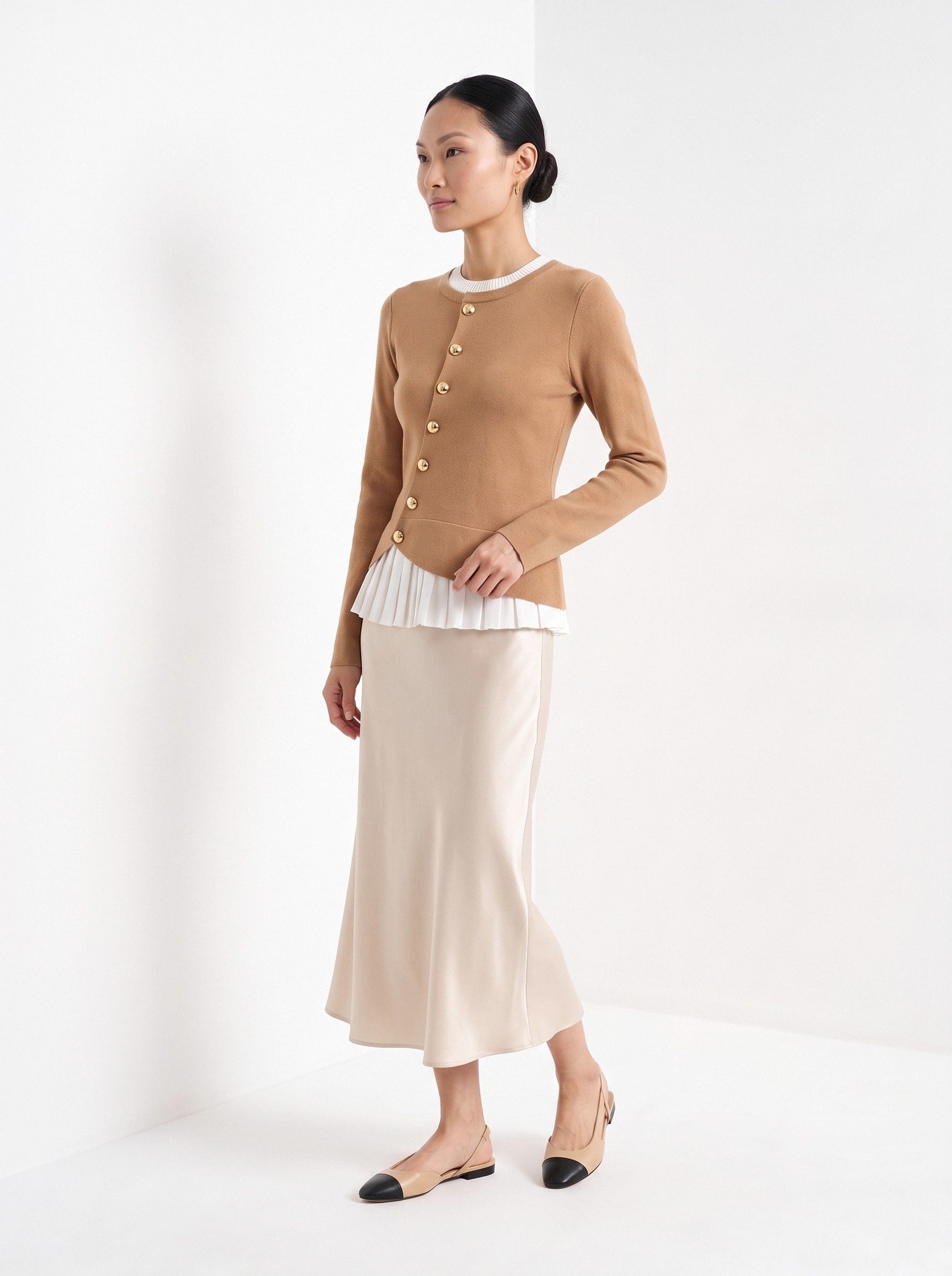 BLENIN gold button knit top in camel, three-quarter view