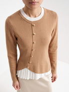 BLENIN gold button knit top in camel, close-up of the collar and details