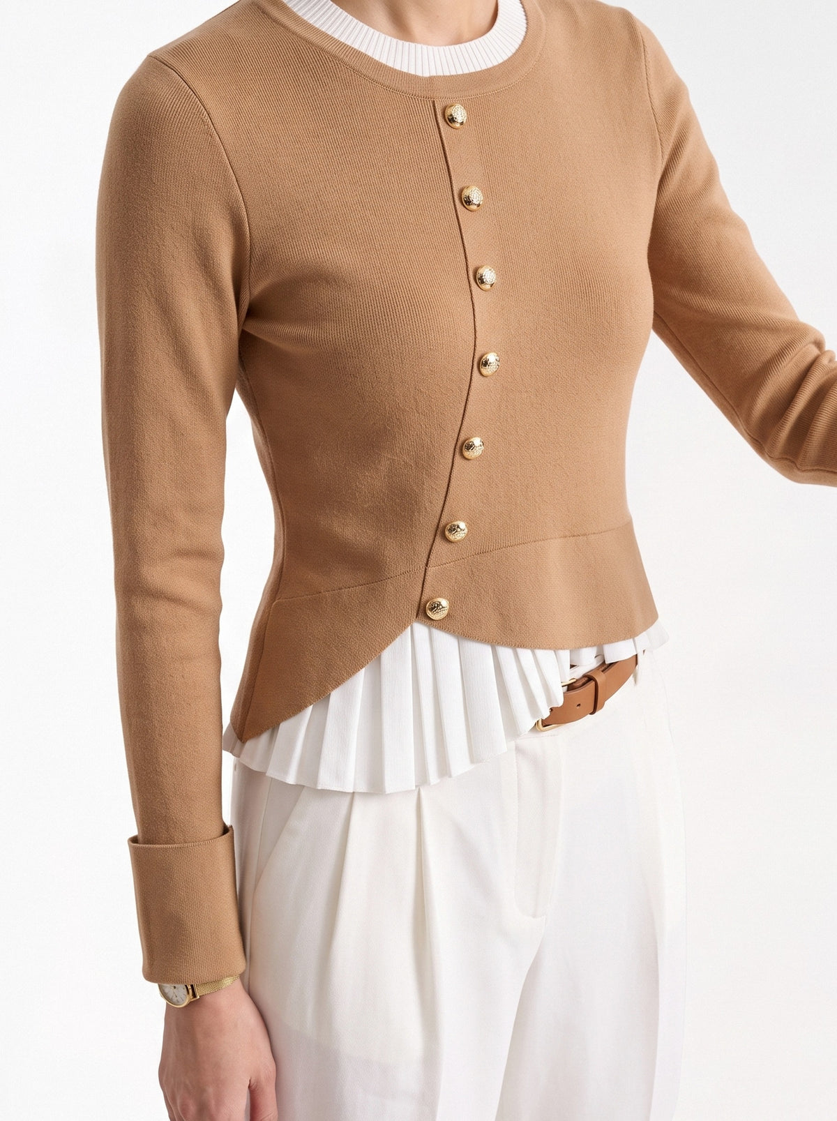 BLENIN gold button knit top in camel, fit detail at the hem and cuff