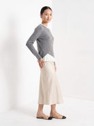 BLENIN gold button knit top in grey, full-length front view