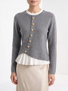 BLENIN gold button knit top in grey, close-up of the details