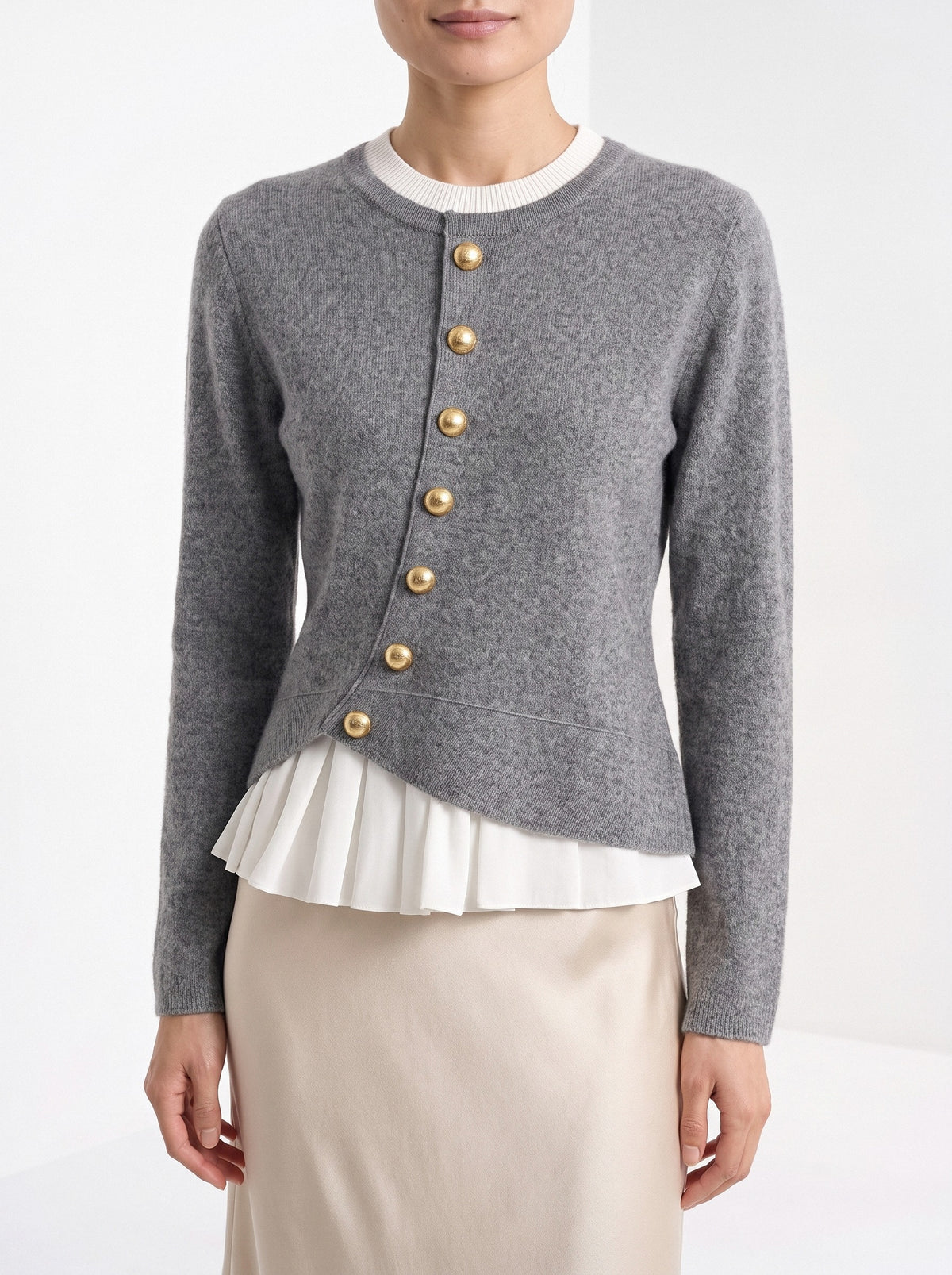 BLENIN gold button knit top in grey, close-up of the details