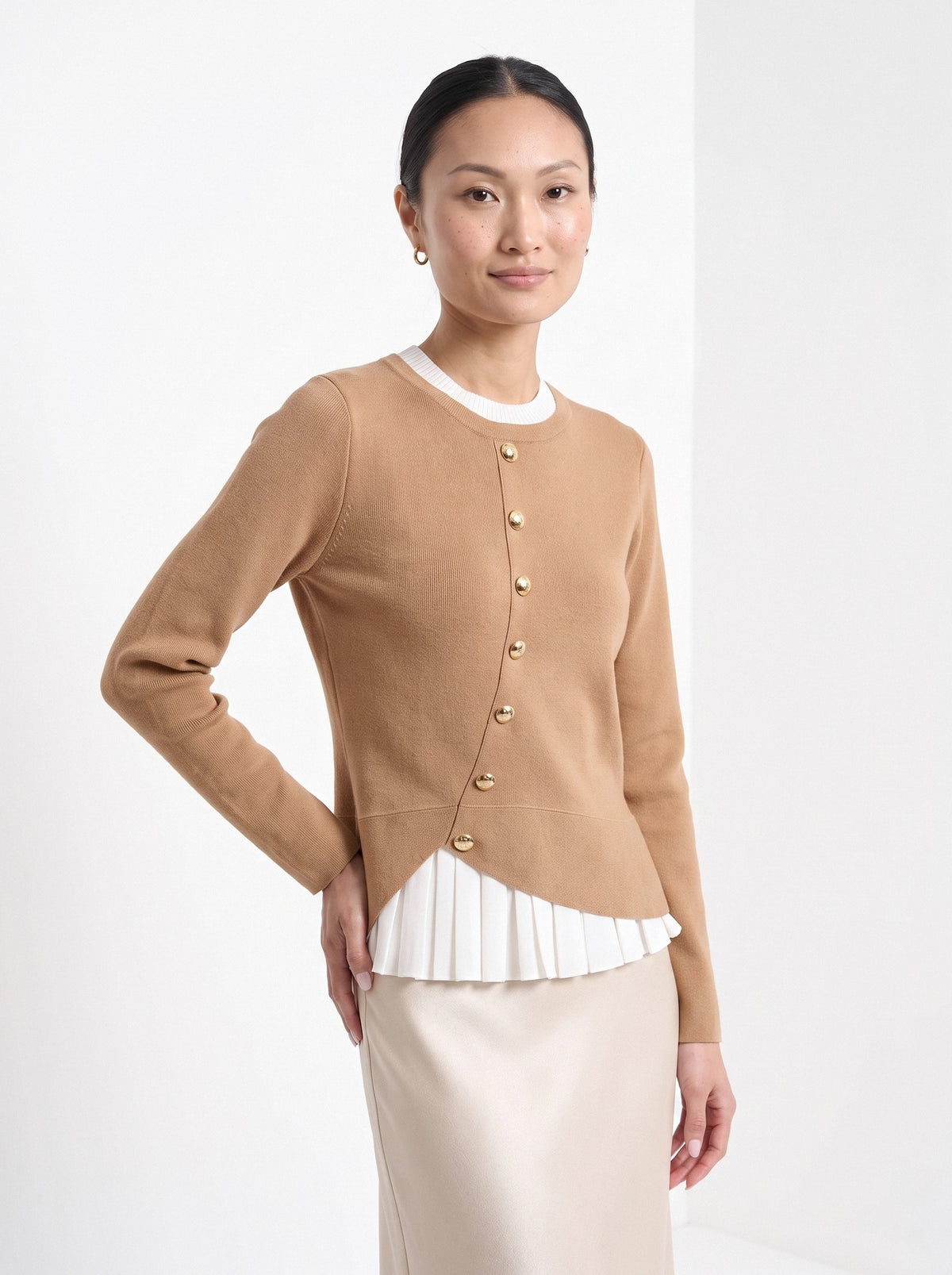 BLENIN gold button knit top in camel, front portrait