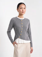BLENIN gold button knit top in grey, front portrait
