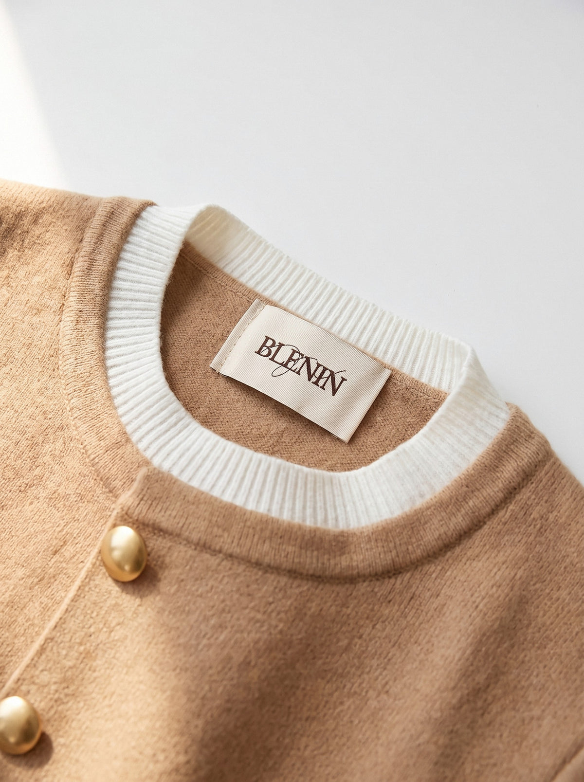 BLENIN gold button knit top, woven BLENIN neck label