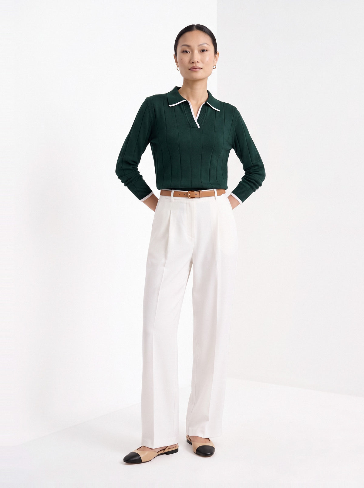 BLENIN contrast trim knit polo in forest green, full-length front view