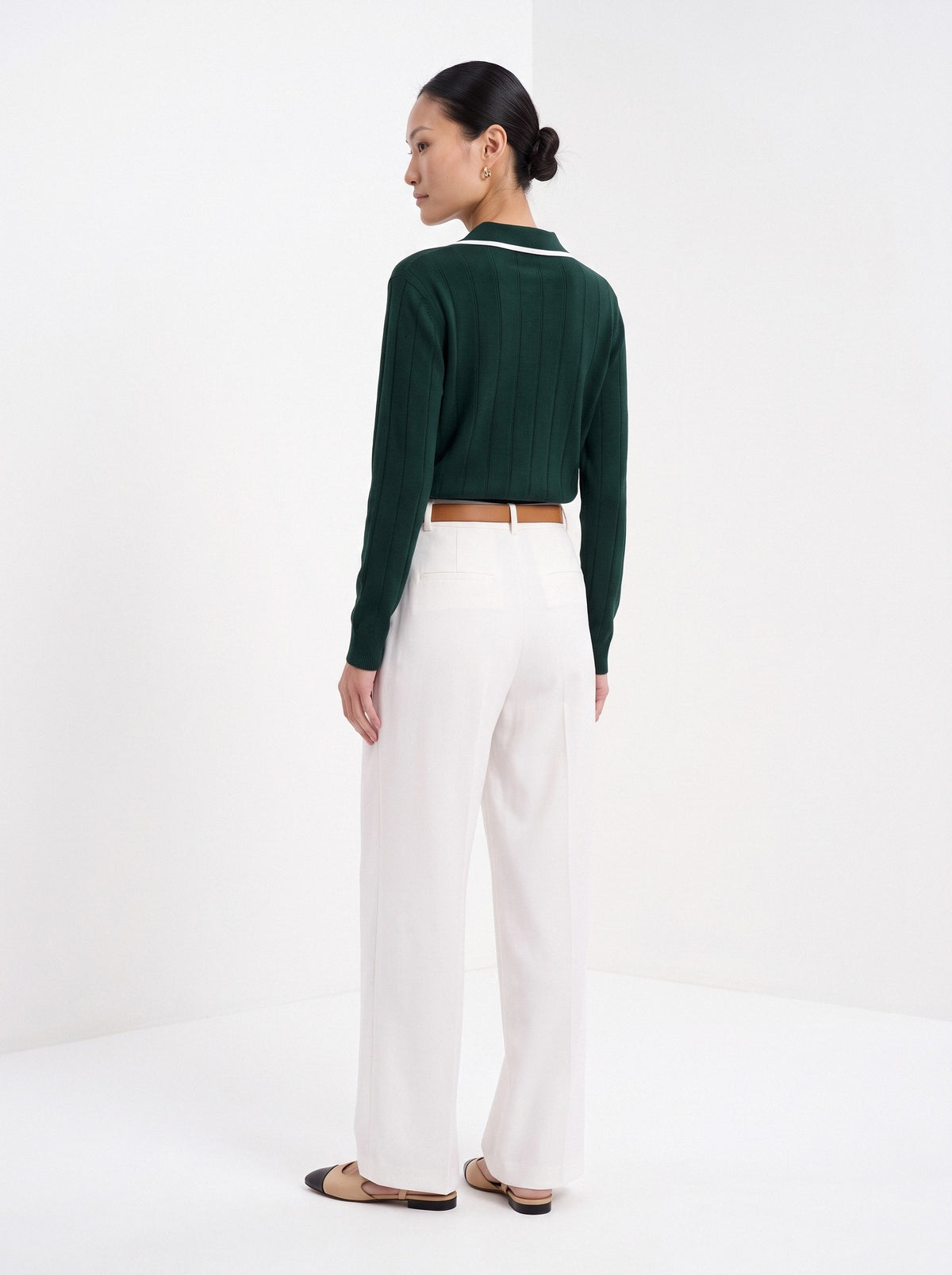 BLENIN contrast trim knit polo in forest green, back view