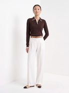 BLENIN contrast trim knit polo in chocolate, full-length front view
