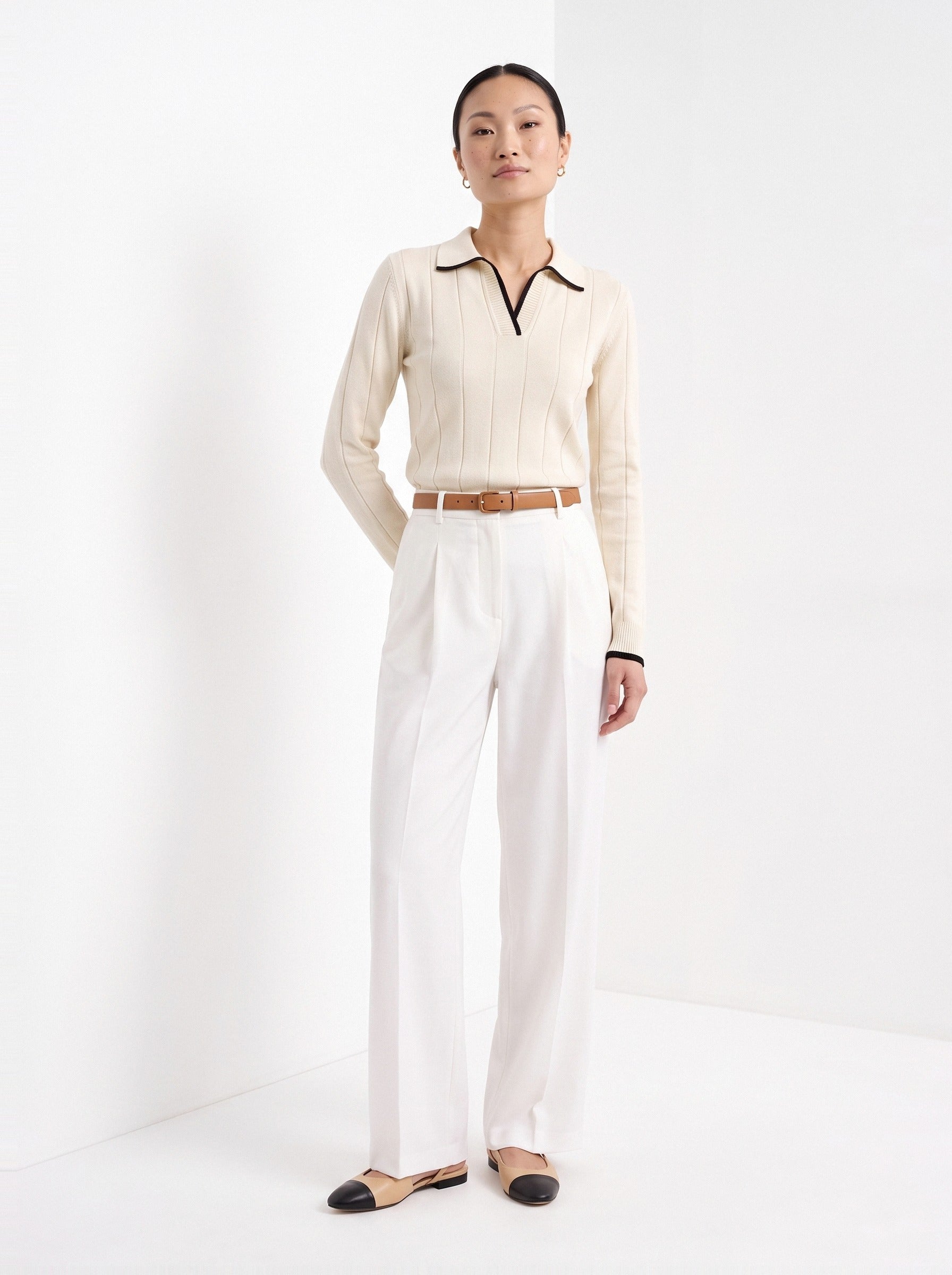 BLENIN contrast trim knit polo in cream, full-length front view
