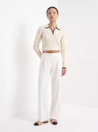 BLENIN contrast trim knit polo in cream, full-length front view