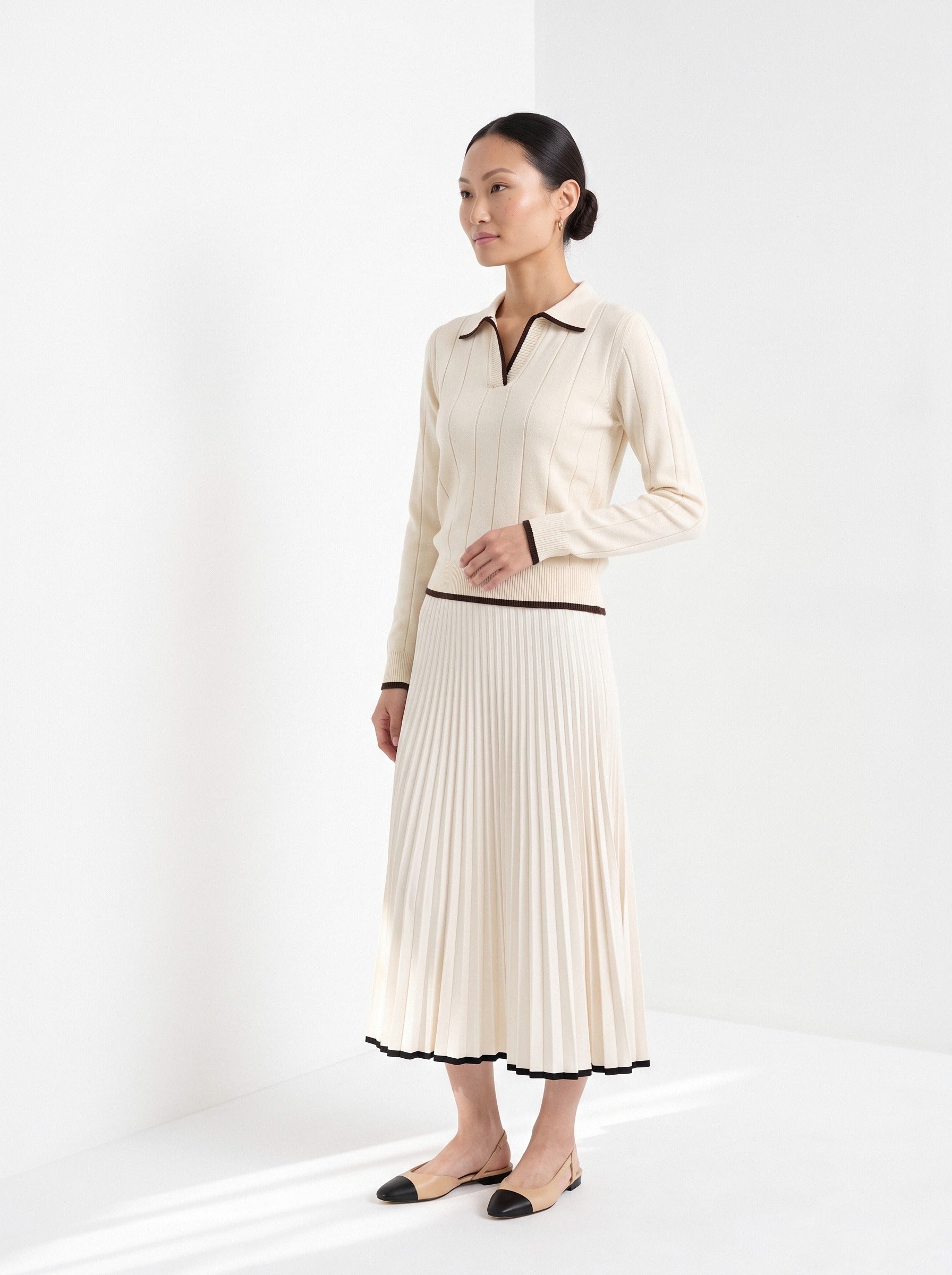 BLENIN contrast trim knit polo in cream, three-quarter view