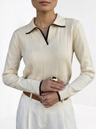 BLENIN contrast trim knit polo in cream, close-up of the details
