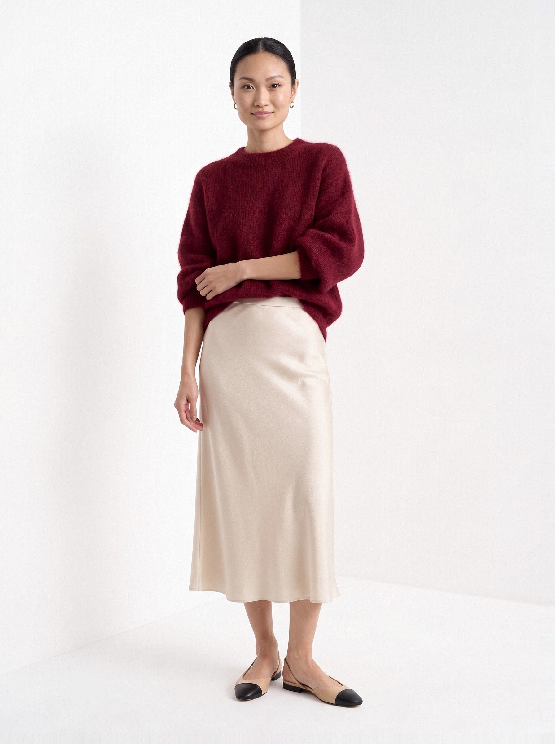 BLENIN brushed knit sweater in burgundy, full-length front view