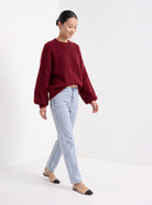 BLENIN brushed knit sweater in burgundy, full outfit, walking