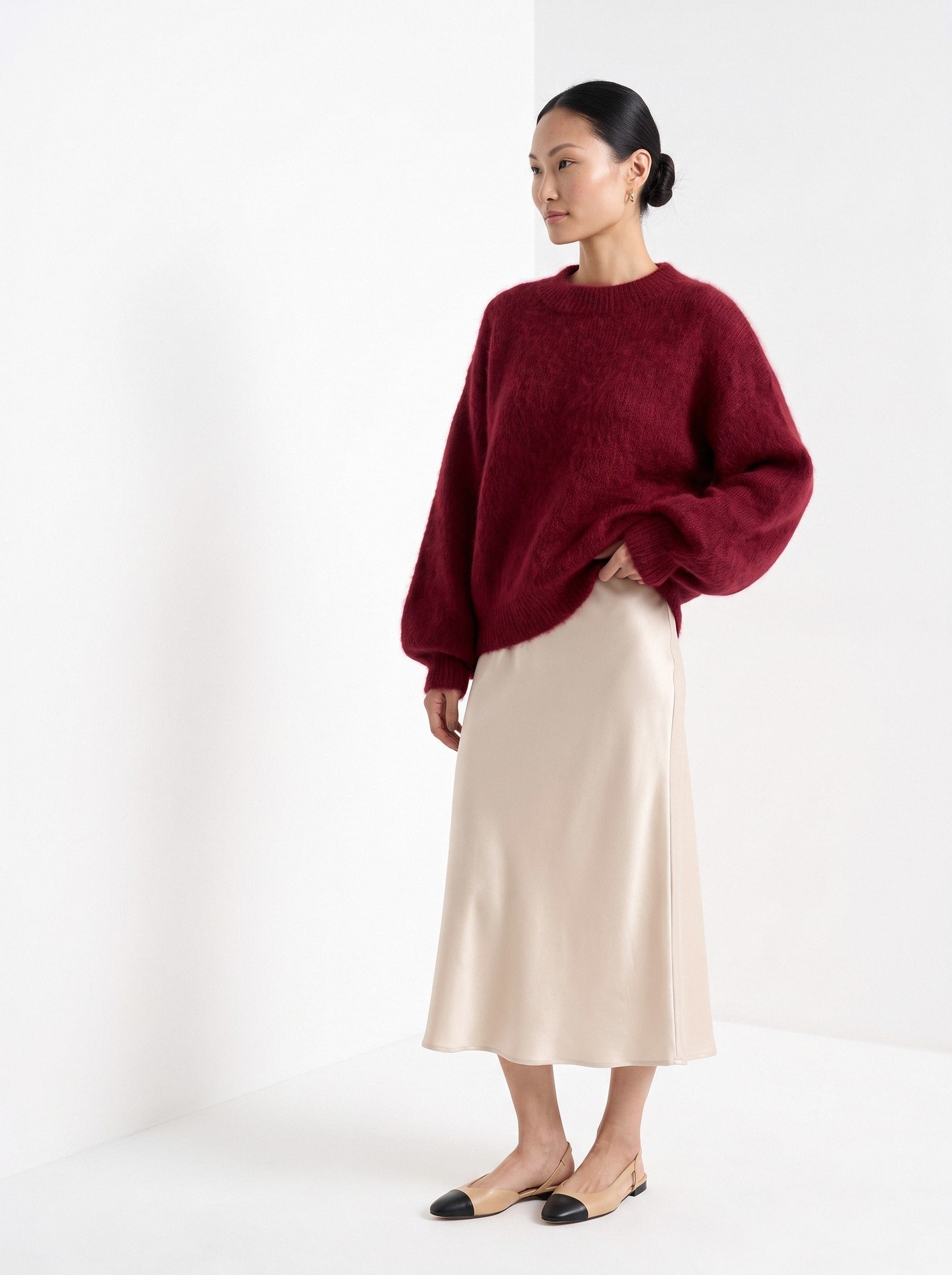 BLENIN brushed knit sweater in burgundy, three-quarter view