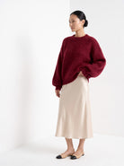 BLENIN brushed knit sweater in burgundy, three-quarter view