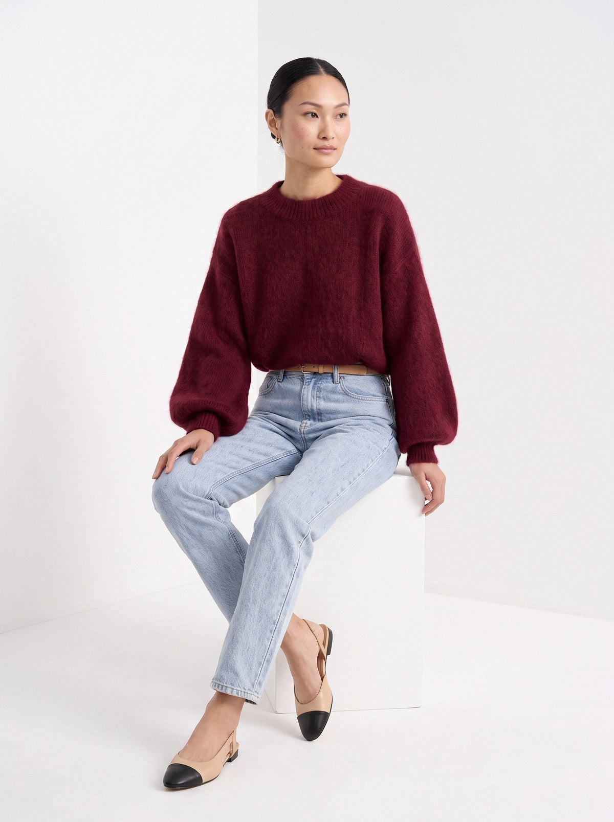 BLENIN brushed knit sweater in burgundy, seated, full outfit
