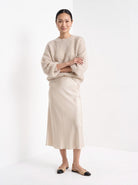 BLENIN brushed knit sweater in oatmeal, full-length front view