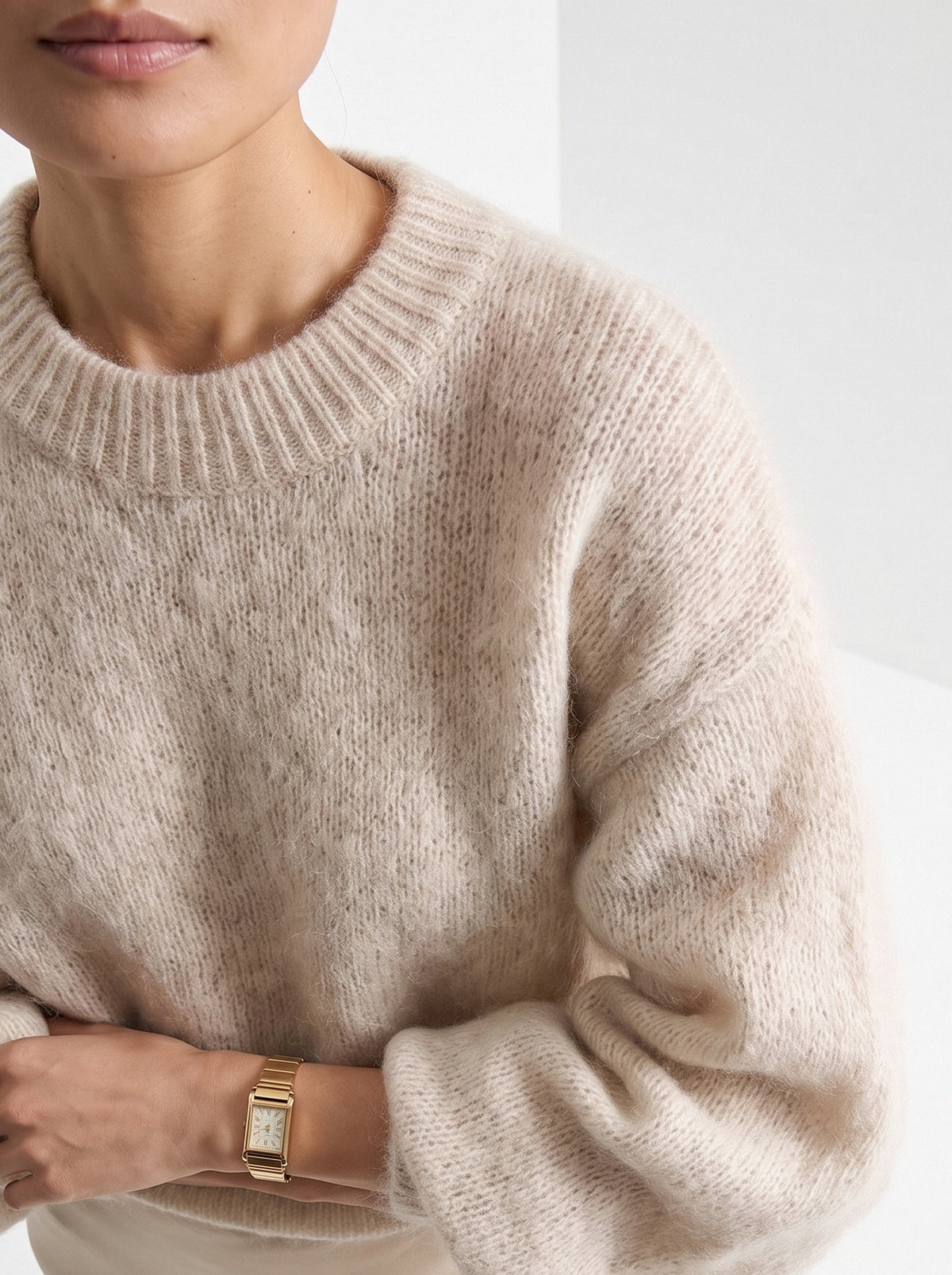 BLENIN brushed knit sweater in oatmeal, close-up of the details