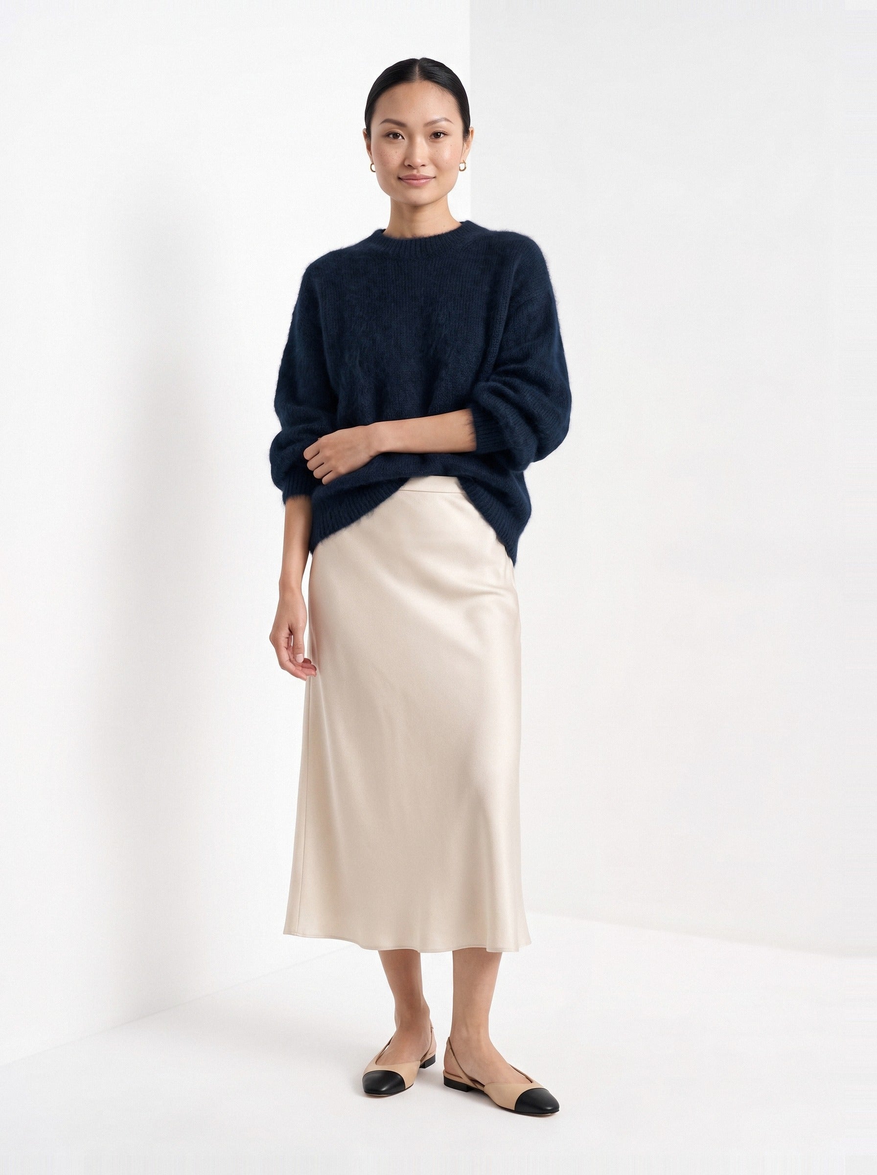 BLENIN brushed knit sweater in navy, full-length front view