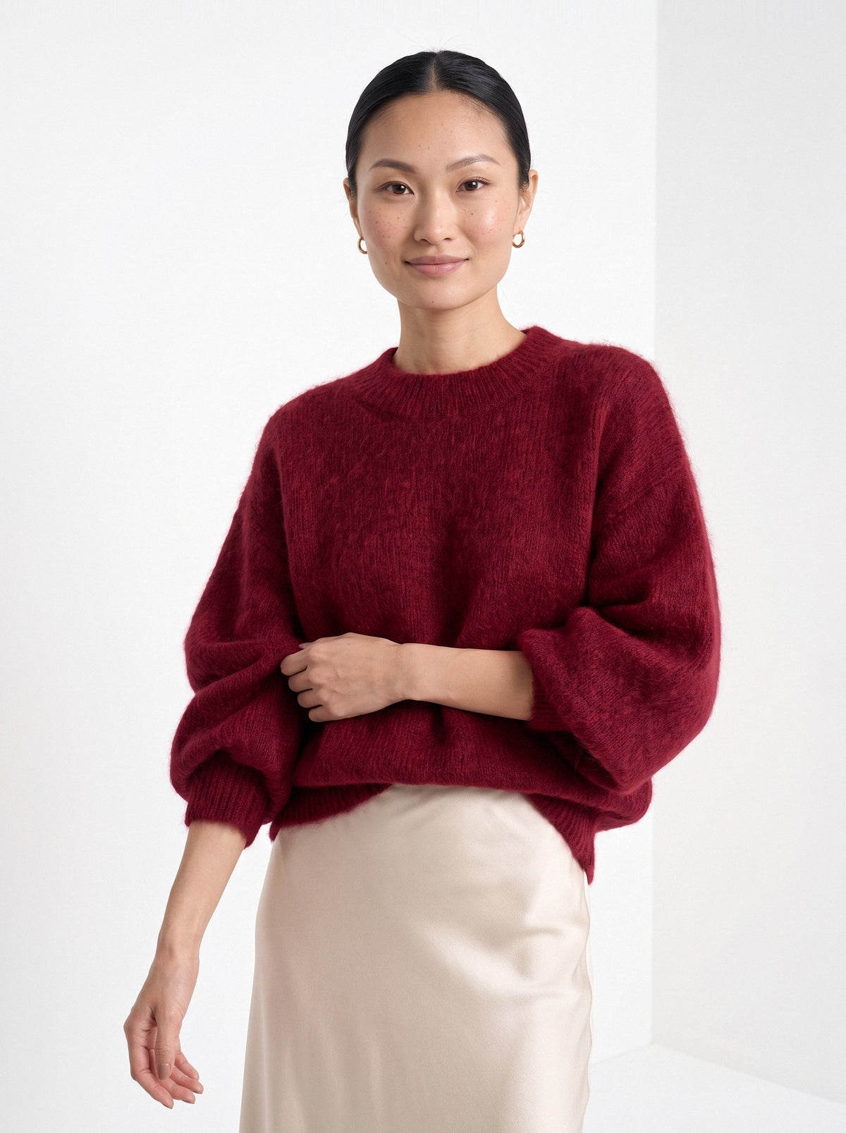 BLENIN brushed knit sweater in burgundy, front portrait
