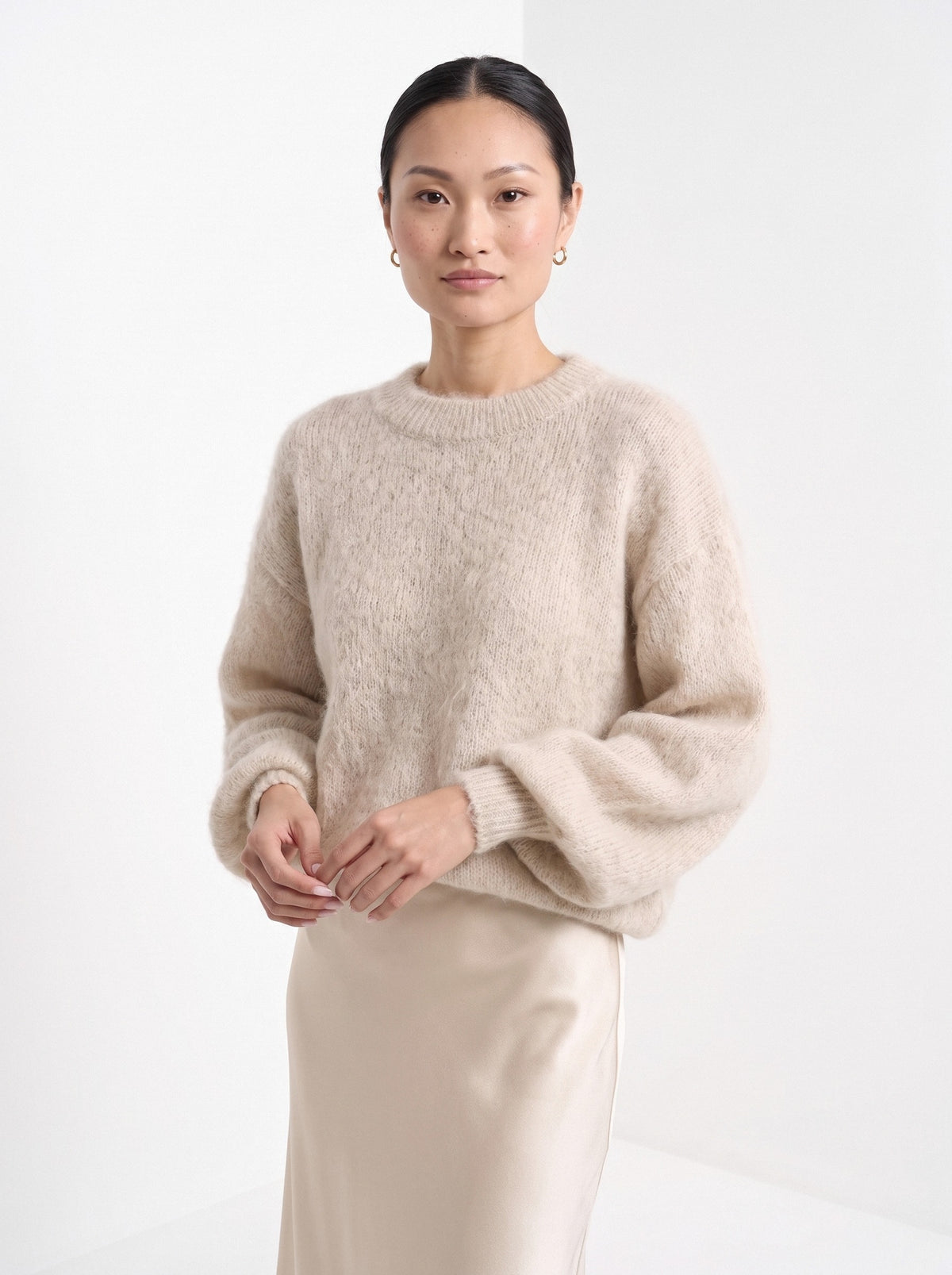BLENIN brushed knit sweater in oatmeal, front portrait