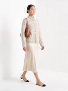 BLENIN mandarin collar cardigan in oatmeal, full-length front view