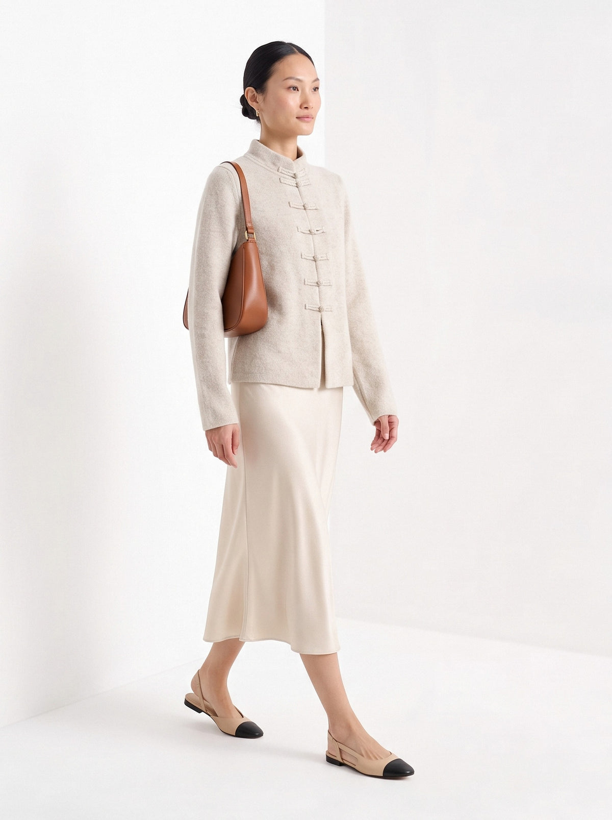 BLENIN mandarin collar cardigan in oatmeal, full-length front view