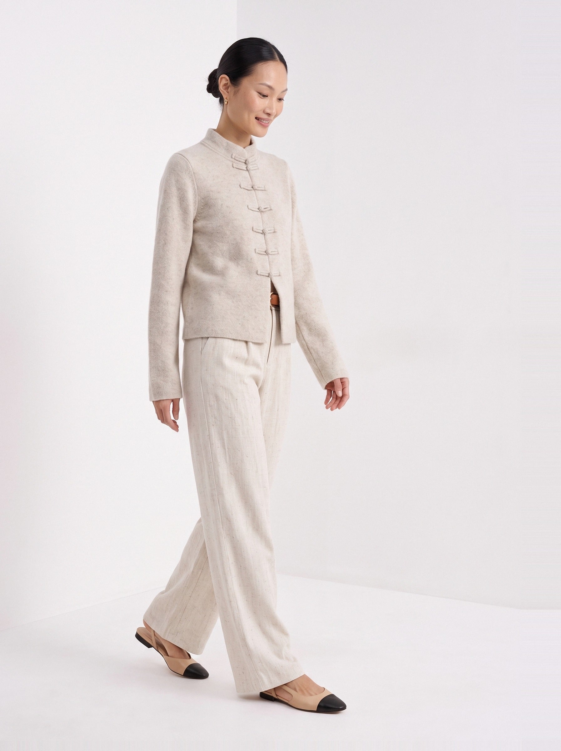 BLENIN mandarin collar cardigan in oatmeal, full outfit, walking