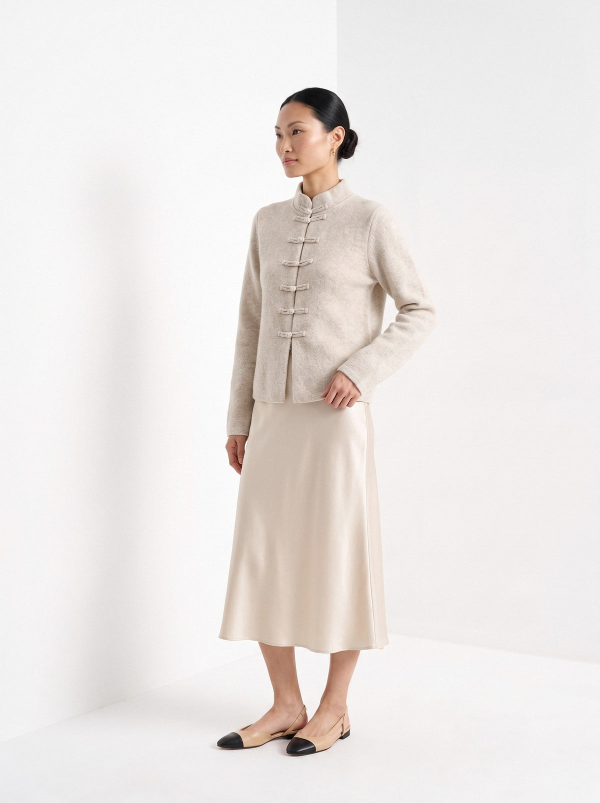 BLENIN mandarin collar cardigan in oatmeal, three-quarter view