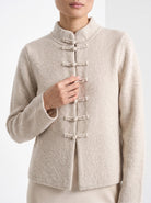 BLENIN mandarin collar cardigan in oatmeal, close-up of the collar and details