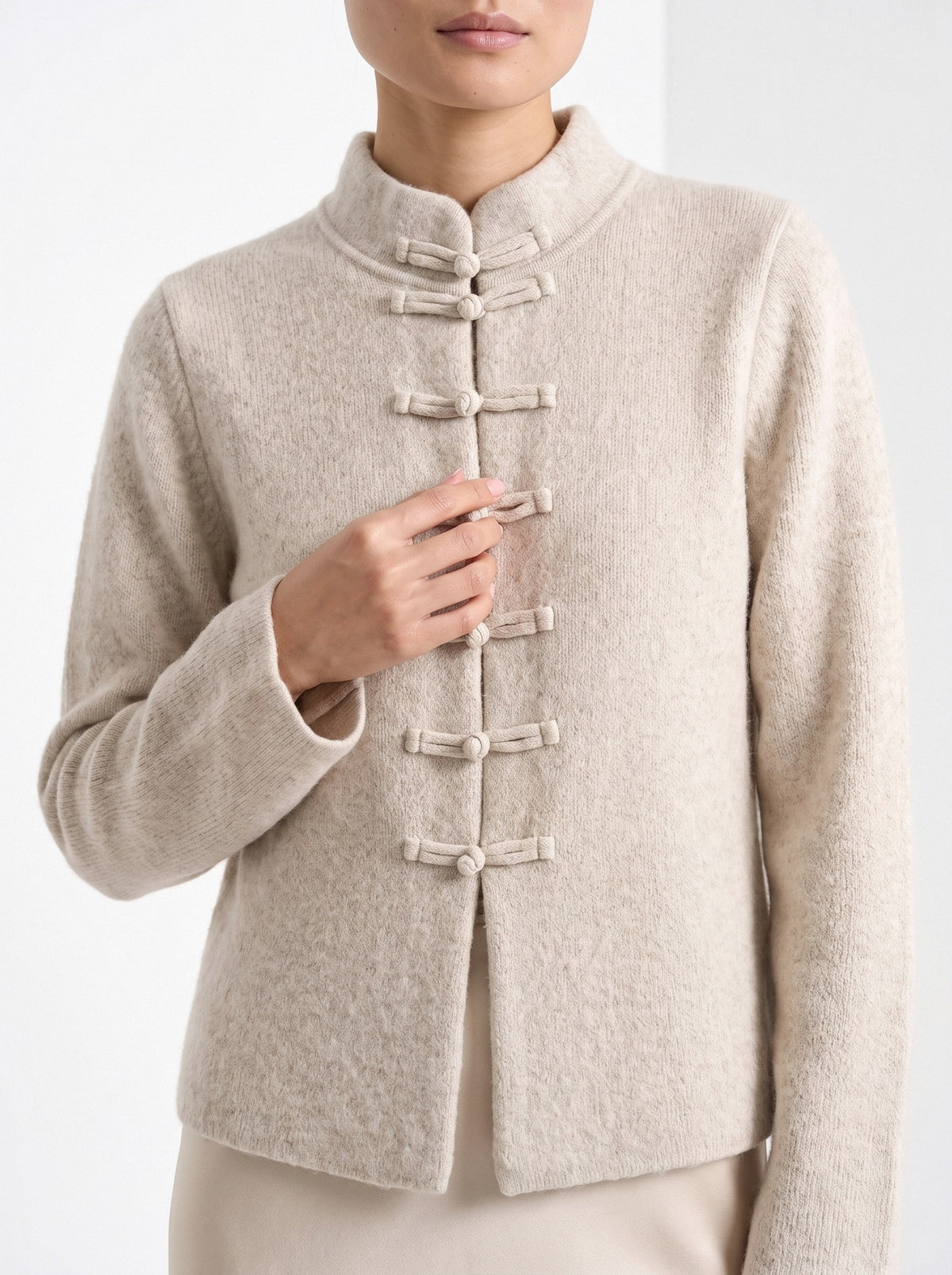 BLENIN mandarin collar cardigan in oatmeal, close-up of the collar and details