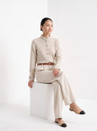 BLENIN mandarin collar cardigan in oatmeal, seated, full outfit