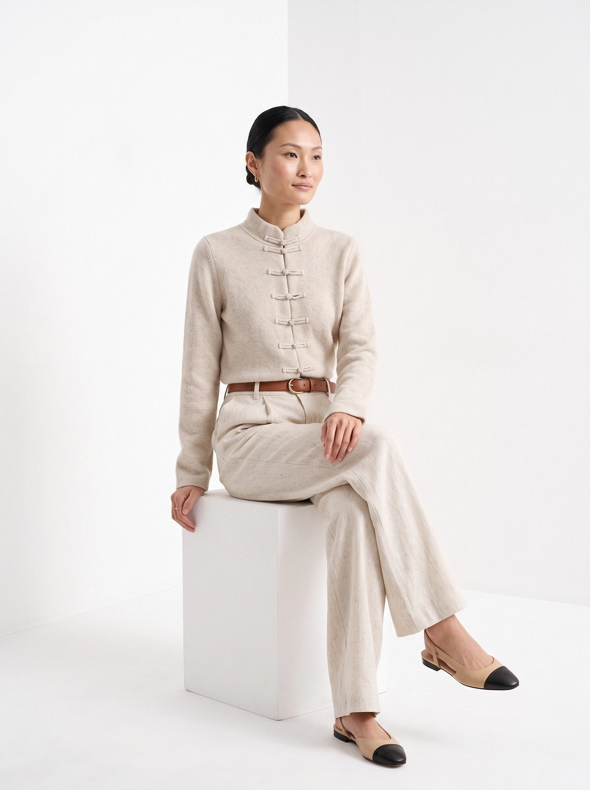 BLENIN mandarin collar cardigan in oatmeal, seated, full outfit