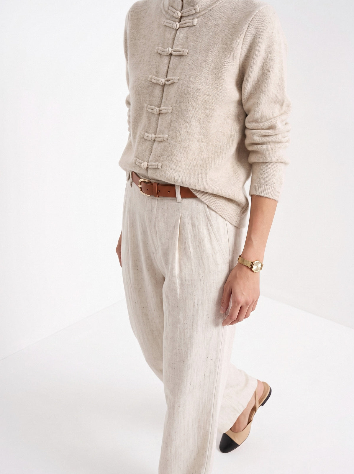 BLENIN mandarin collar cardigan in oatmeal, fit detail at the hem and cuff