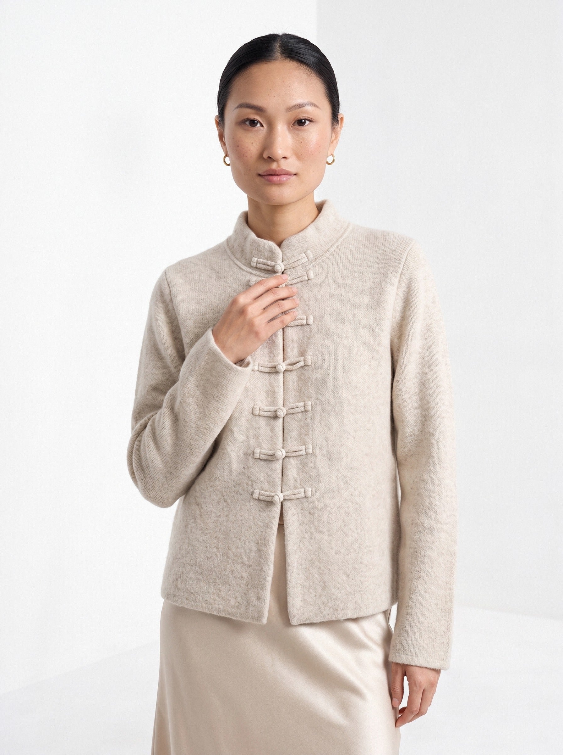 BLENIN mandarin collar cardigan in oatmeal, front portrait