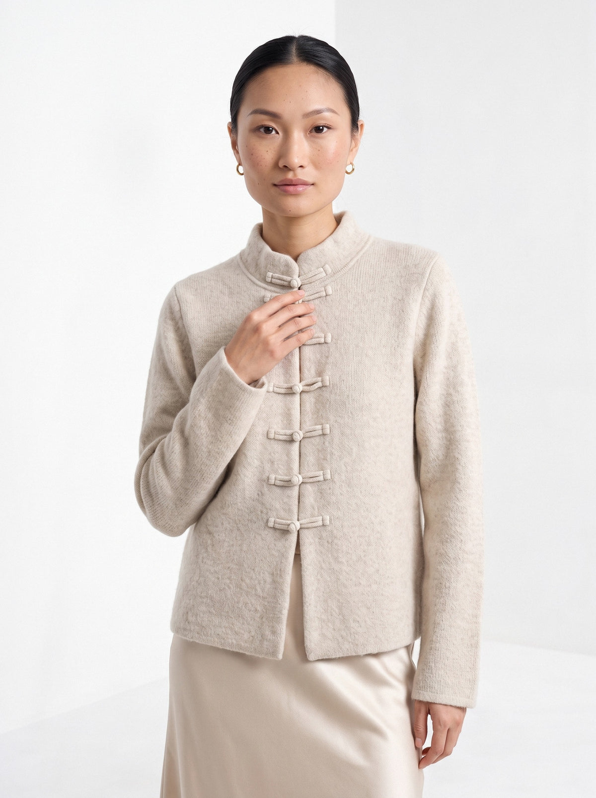 BLENIN mandarin collar cardigan in oatmeal, front portrait
