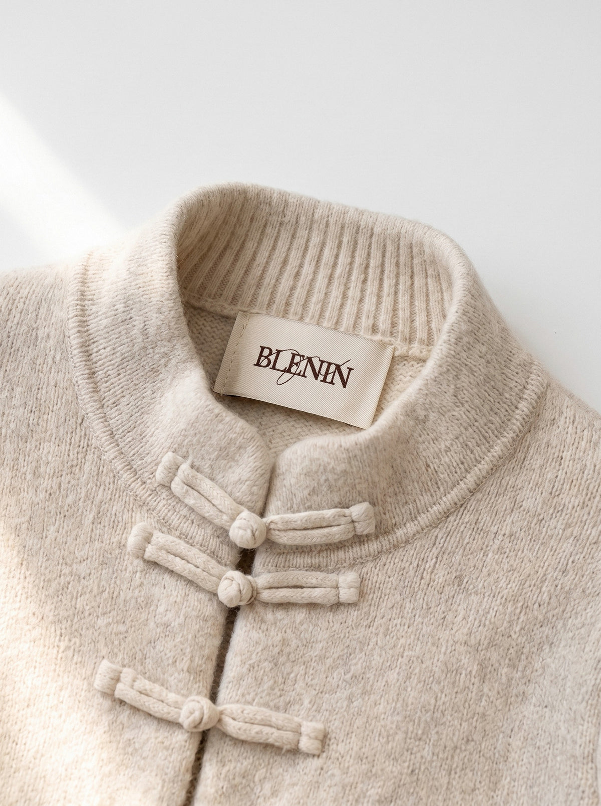 BLENIN mandarin collar cardigan, woven BLENIN neck label