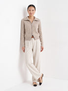 BLENIN cable zip collar cardigan in camel, full-length front view