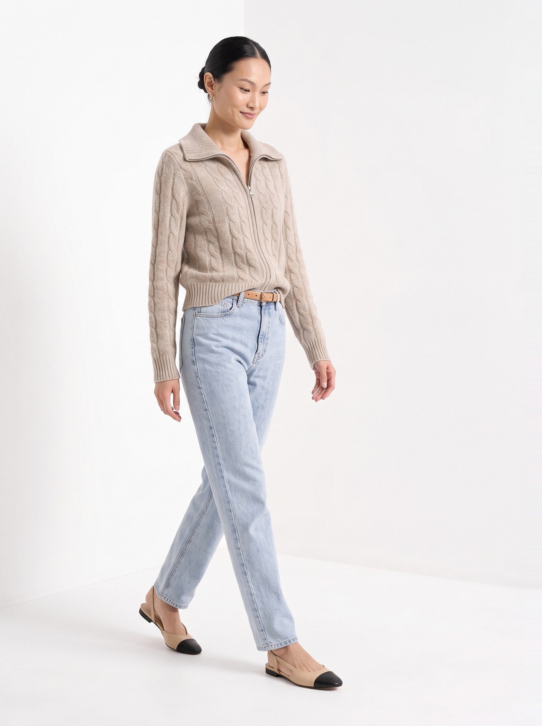BLENIN cable zip collar cardigan in camel, full outfit, walking