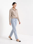 BLENIN cable zip collar cardigan in camel, full outfit, walking
