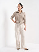 BLENIN cable zip collar cardigan in camel, three-quarter view