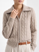 BLENIN cable zip collar cardigan in camel, close-up of the collar and details
